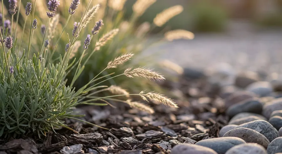 Jardín de bajo consumo de agua con lavanda y gravilla